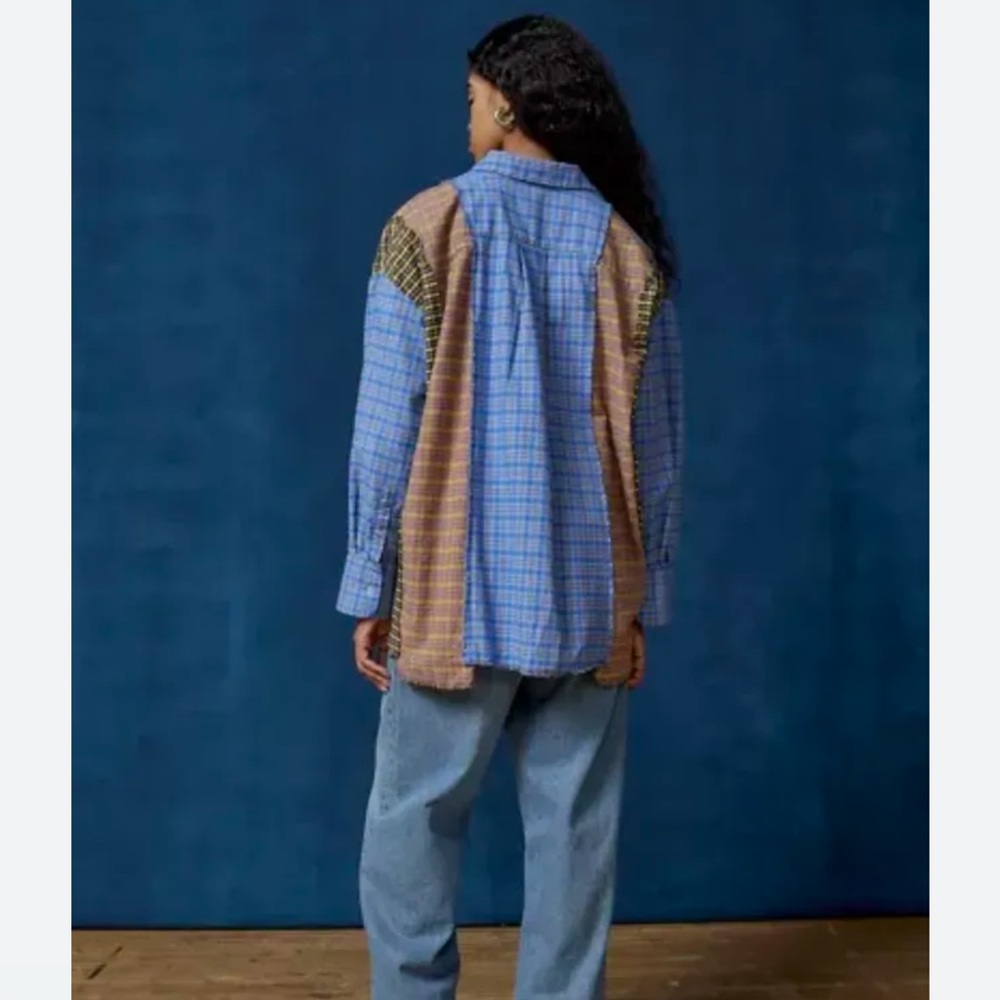 Urban Outfitters BDG Spliced Dad Button Down Shirt Mixed Plaid Pieced Top - Picture 3 of 7